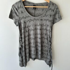 Disney Hot Topic Beauty & The Beast Gray Blouse Shirt Side Tie Mrs Potts Chip SM